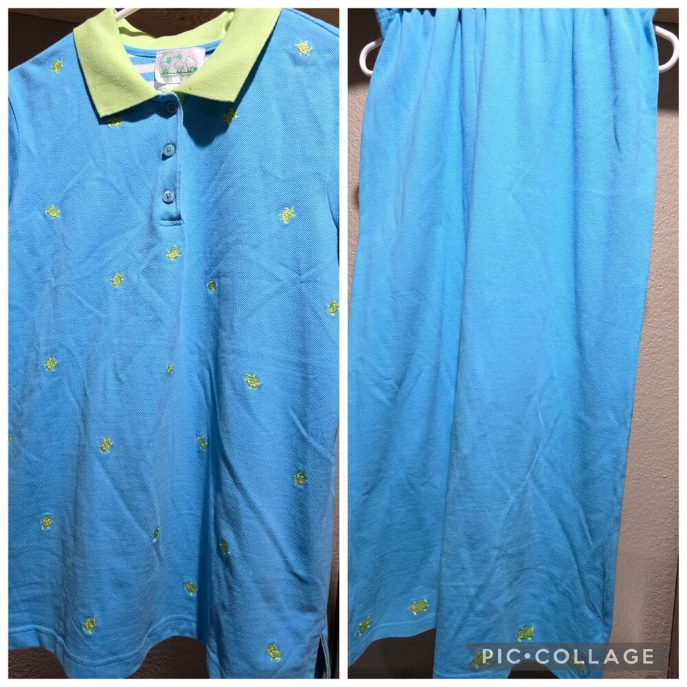 Vintage Quacker Factory turtle print polo maxi skirt 2pc set size M blue green